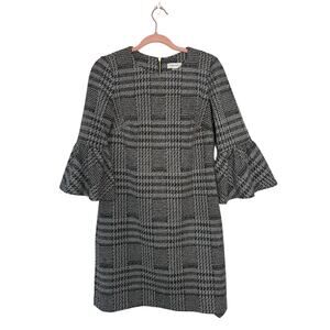 Calvin Klein Black & White Houndstooth 3/4" Bell Sleeve Tweed Sheath Dress 6